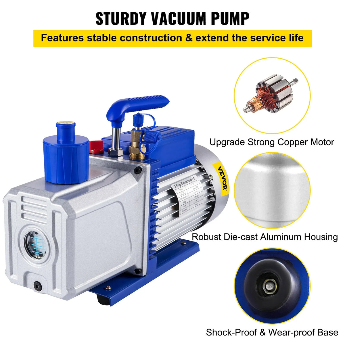 VEVOR Two-Stage Rotary Vane HVAC Vacuum Pump 717 l/min, 746 W (1 HP), Ultimate Vacuum 0.3 Pa, for Car A/C System Evacuation and Repair