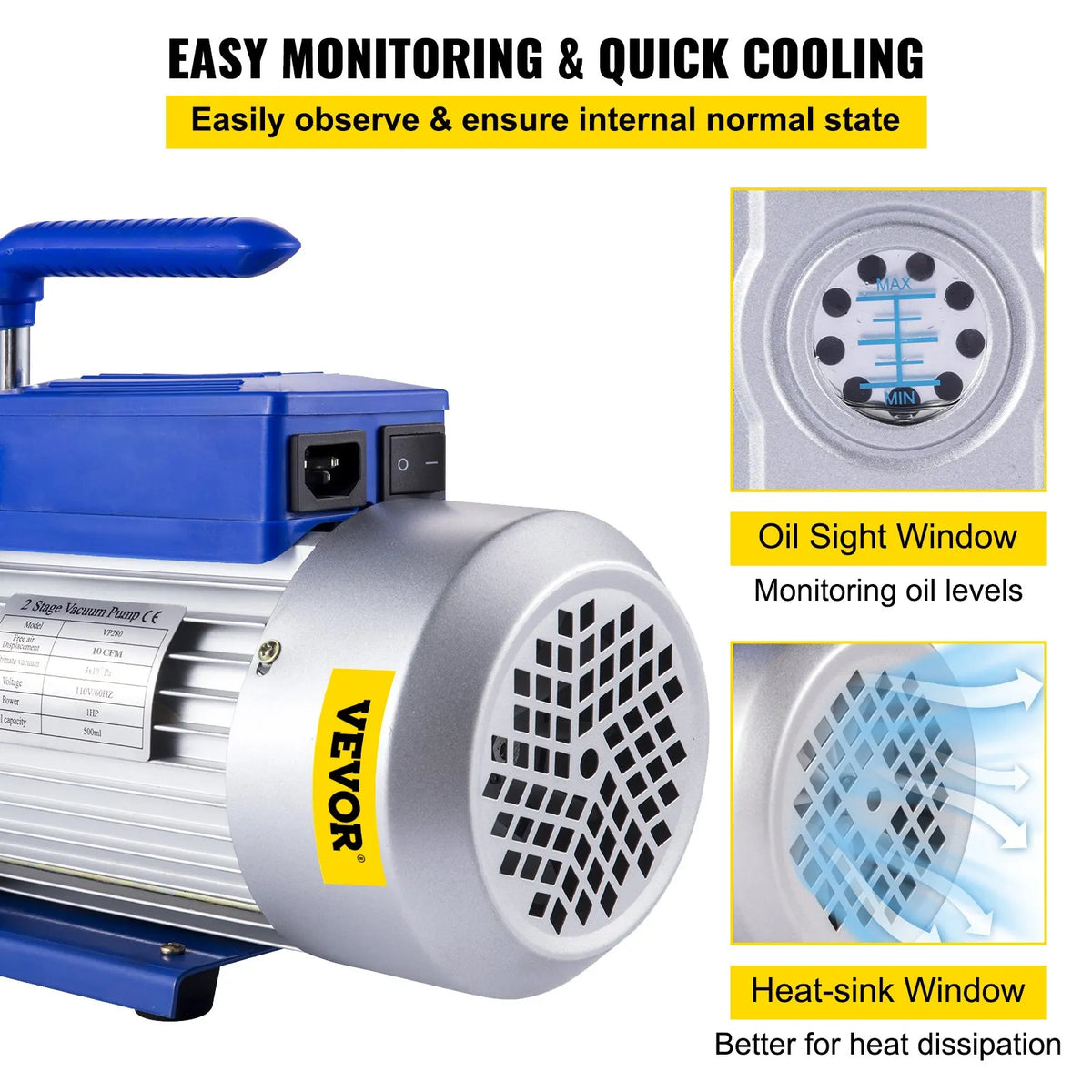 VEVOR Two-Stage Rotary Vane HVAC Vacuum Pump 717 l/min, 746 W (1 HP), Ultimate Vacuum 0.3 Pa, for Car A/C System Evacuation and Repair