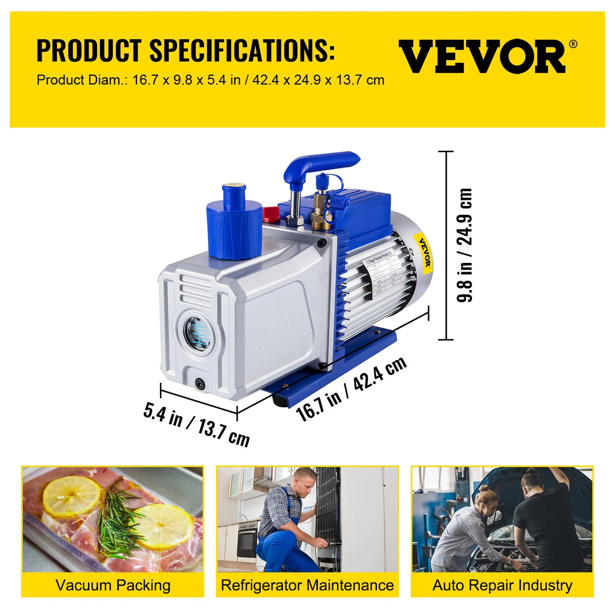 VEVOR Two-Stage Rotary Vane HVAC Vacuum Pump 717 l/min, 746 W (1 HP), Ultimate Vacuum 0.3 Pa, for Car A/C System Evacuation and Repair