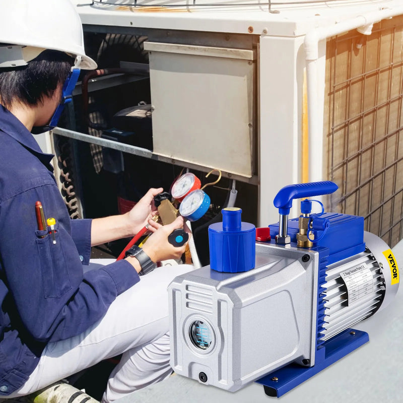 VEVOR divpakāpju rotācijas lāpstiņu HVAC vakuuma sūknis 717 l/min, 746 W (1 ZS), galīgais vakuums 0,3 Pa, paredzēts automobiļu A/C sistēmu vakuumēšanai un remontam