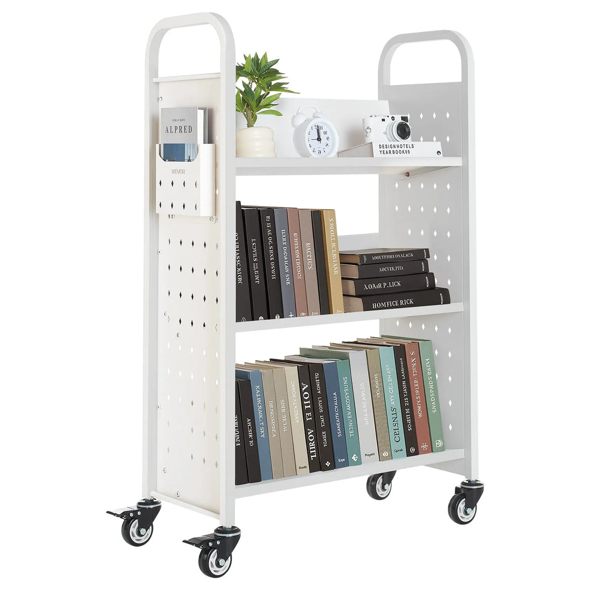 Mobile library book trolley, 150 kg load capacity, 77 × 38 × 122 cm, with single-sided V-shaped shelves and 76.2 mm locking wheels, book cart for home, office and school, white