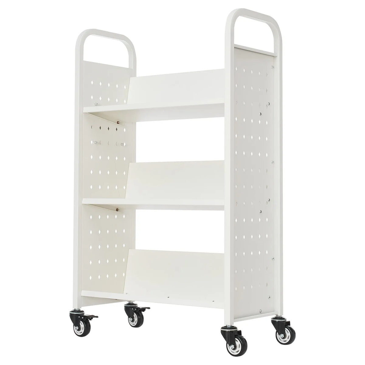 Mobile library book trolley, 150 kg load capacity, 77 × 38 × 122 cm, with single-sided V-shaped shelves and 76.2 mm locking wheels, book cart for home, office and school, white
