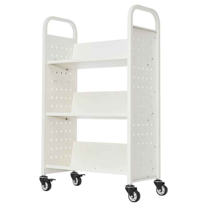 Ripojošs bibliotēkas grāmatu ratiņš, 150 kg kravnesība, 77 × 38 × 122 cm, ar vienpusējām V veida plauktiem un 76,2 mm fiksējamiem riteņiem, grāmatu ratiņš mājai, birojam un skolai, balts