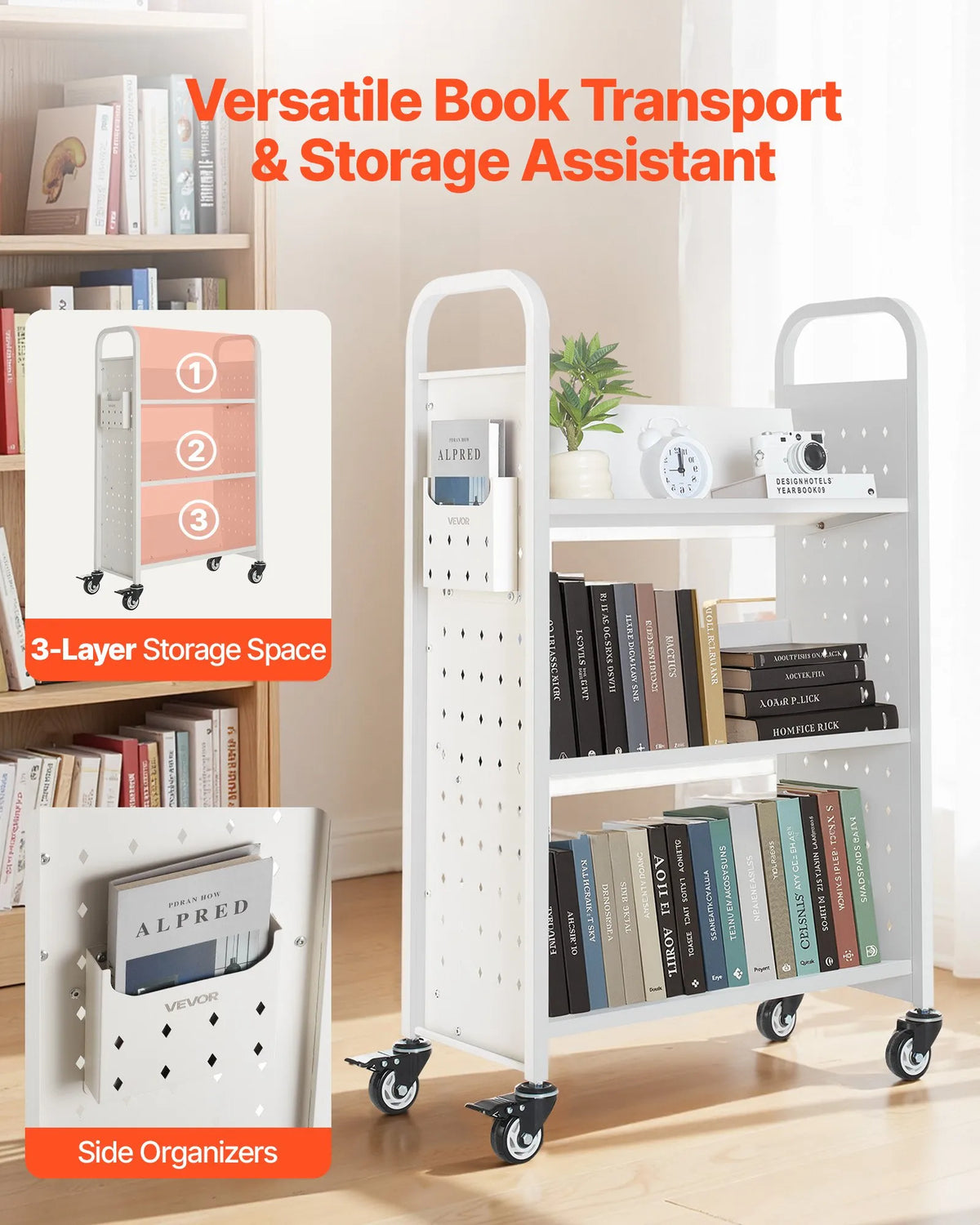 Mobile library book trolley, 150 kg load capacity, 77 × 38 × 122 cm, with single-sided V-shaped shelves and 76.2 mm locking wheels, book cart for home, office and school, white