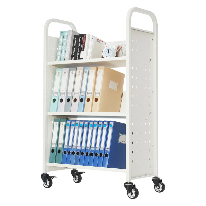 Ripojošs bibliotēkas grāmatu ratiņš, 150 kg kravnesība, 77 × 38 × 122 cm, ar vienpusējām V veida plauktiem un 76,2 mm fiksējamiem riteņiem, grāmatu ratiņš mājai, birojam un skolai, balts