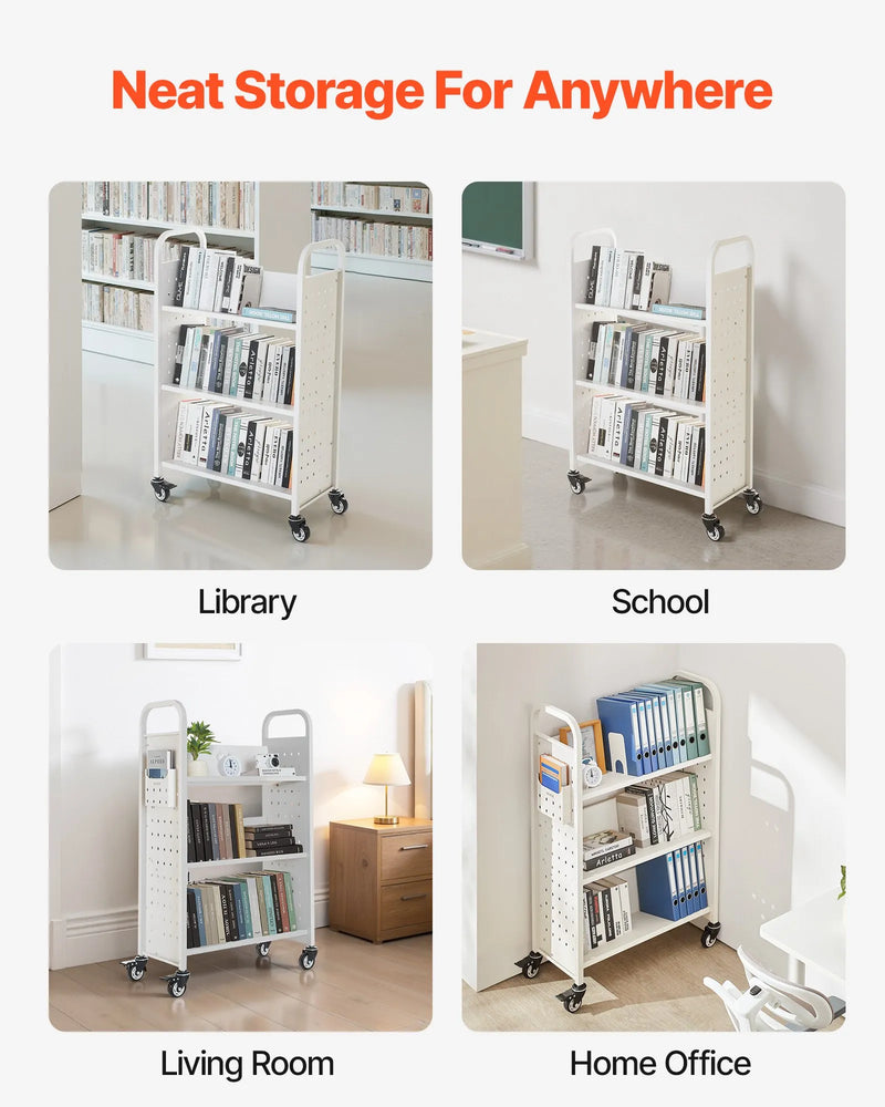 Ripojošs bibliotēkas grāmatu ratiņš, 150 kg kravnesība, 77 × 38 × 122 cm, ar vienpusējām V veida plauktiem un 76,2 mm fiksējamiem riteņiem, grāmatu ratiņš mājai, birojam un skolai, balts