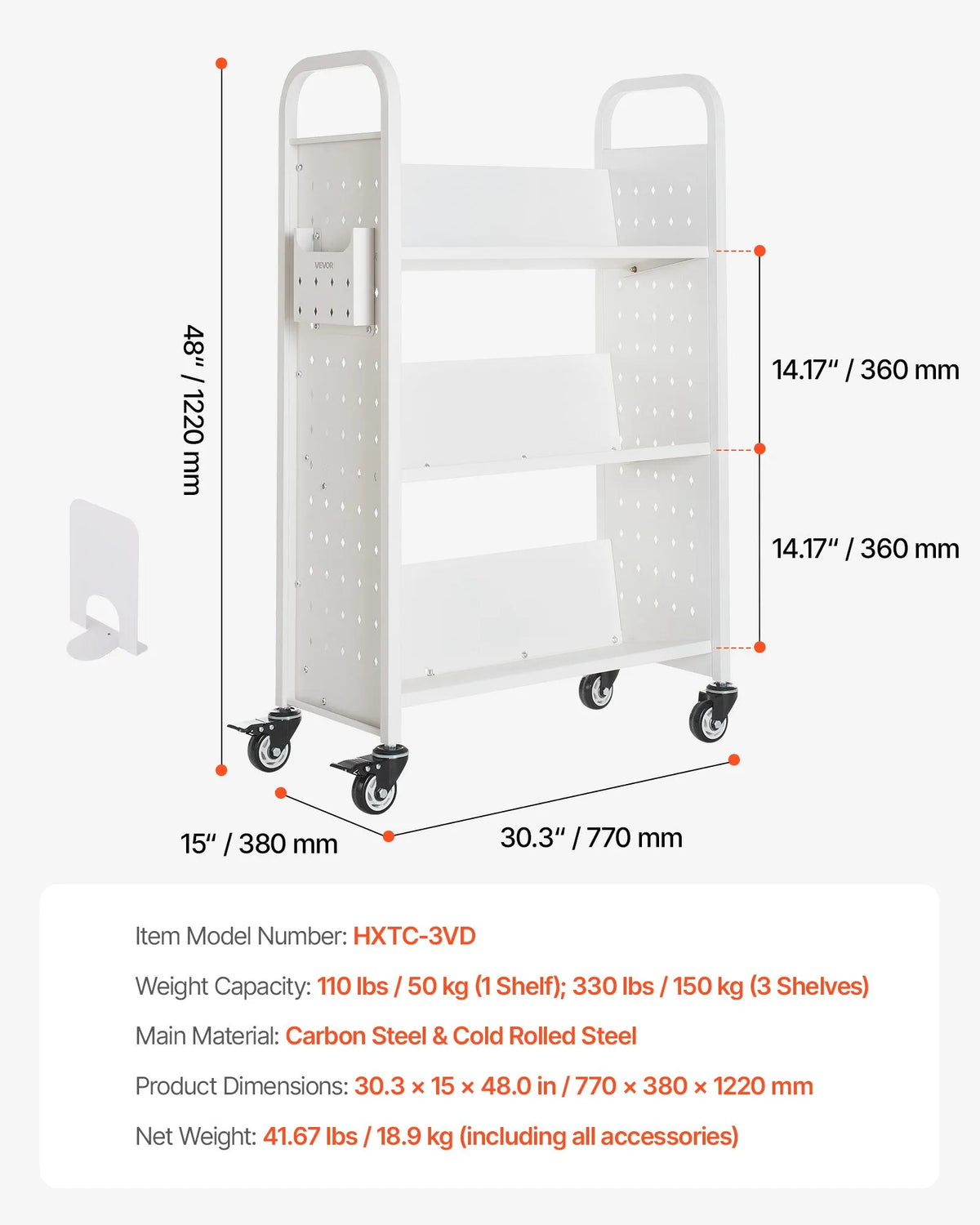 Mobile library book trolley, 150 kg load capacity, 77 × 38 × 122 cm, with single-sided V-shaped shelves and 76.2 mm locking wheels, book cart for home, office and school, white