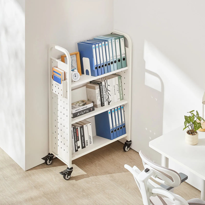 Ripojošs bibliotēkas grāmatu ratiņš, 150 kg kravnesība, 77 × 38 × 122 cm, ar vienpusējām V veida plauktiem un 76,2 mm fiksējamiem riteņiem, grāmatu ratiņš mājai, birojam un skolai, balts