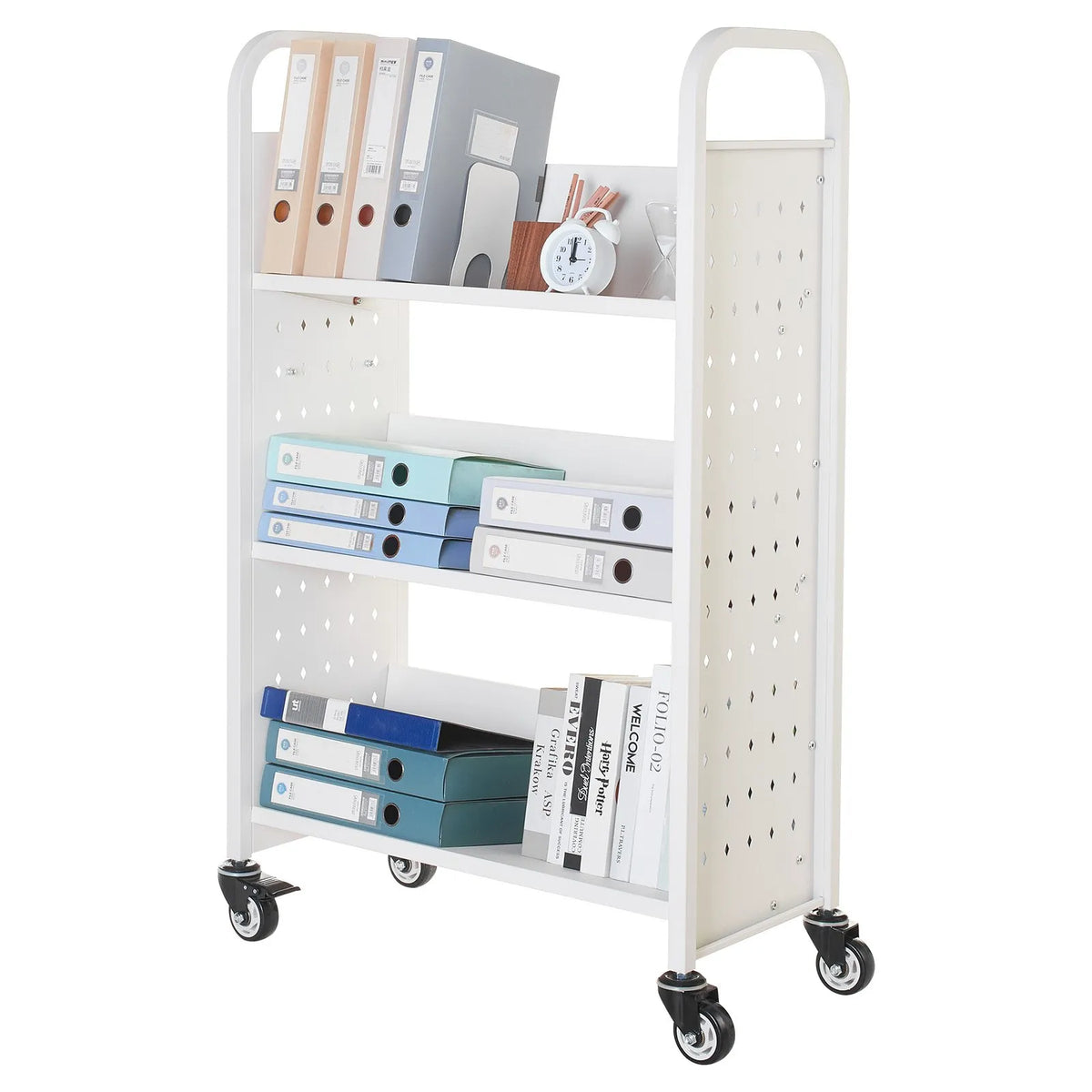 Mobile library book trolley, 150 kg load capacity, 77 × 38 × 122 cm, with single-sided V-shaped shelves and 76.2 mm locking wheels, book cart for home, office and school, white