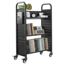 Ripojošs bibliotēkas grāmatu ratiņš, 150 kg kravnesība, 77 × 38 × 122 cm, ar vienpusējiem V veida plauktiem un 76,2 mm fiksējamiem riteņiem, grāmatu ratiņš mājai, birojam un skolai, melns