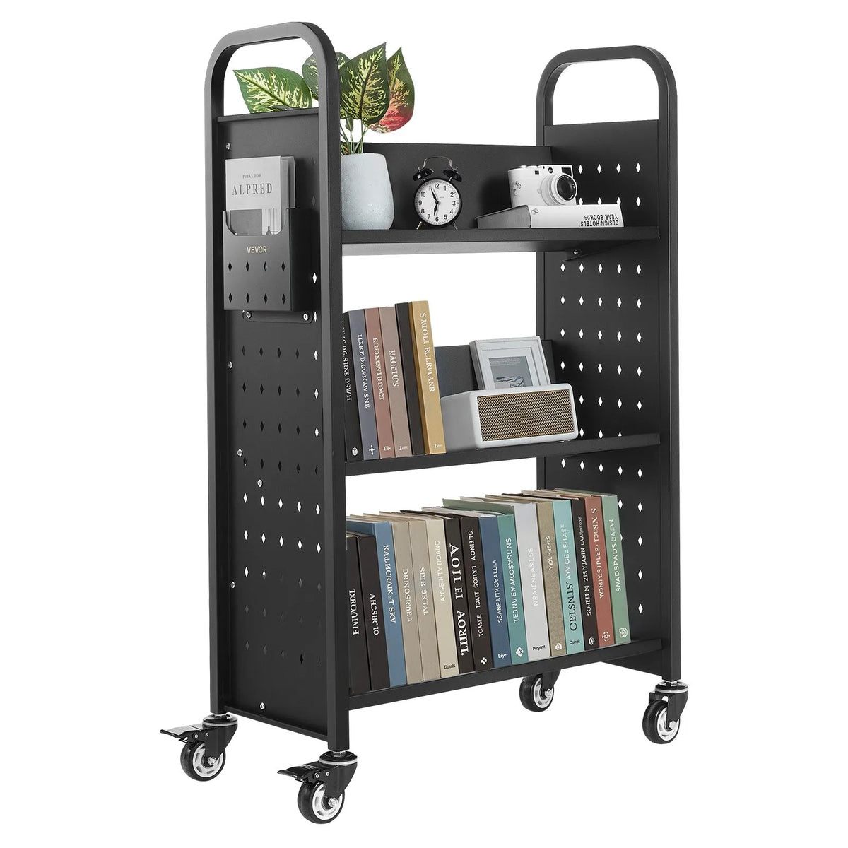 Mobile Library Book Trolley, 150 kg Load Capacity, 77 × 38 × 122 cm, with Single-Sided V-Shaped Shelves and 76.2 mm Lockable Wheels, Book Cart for Home, Office and School, Black