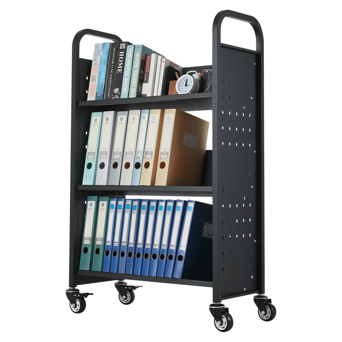 Mobile Library Book Trolley, 150 kg Load Capacity, 77 × 38 × 122 cm, with Single-Sided V-Shaped Shelves and 76.2 mm Lockable Wheels, Book Cart for Home, Office and School, Black