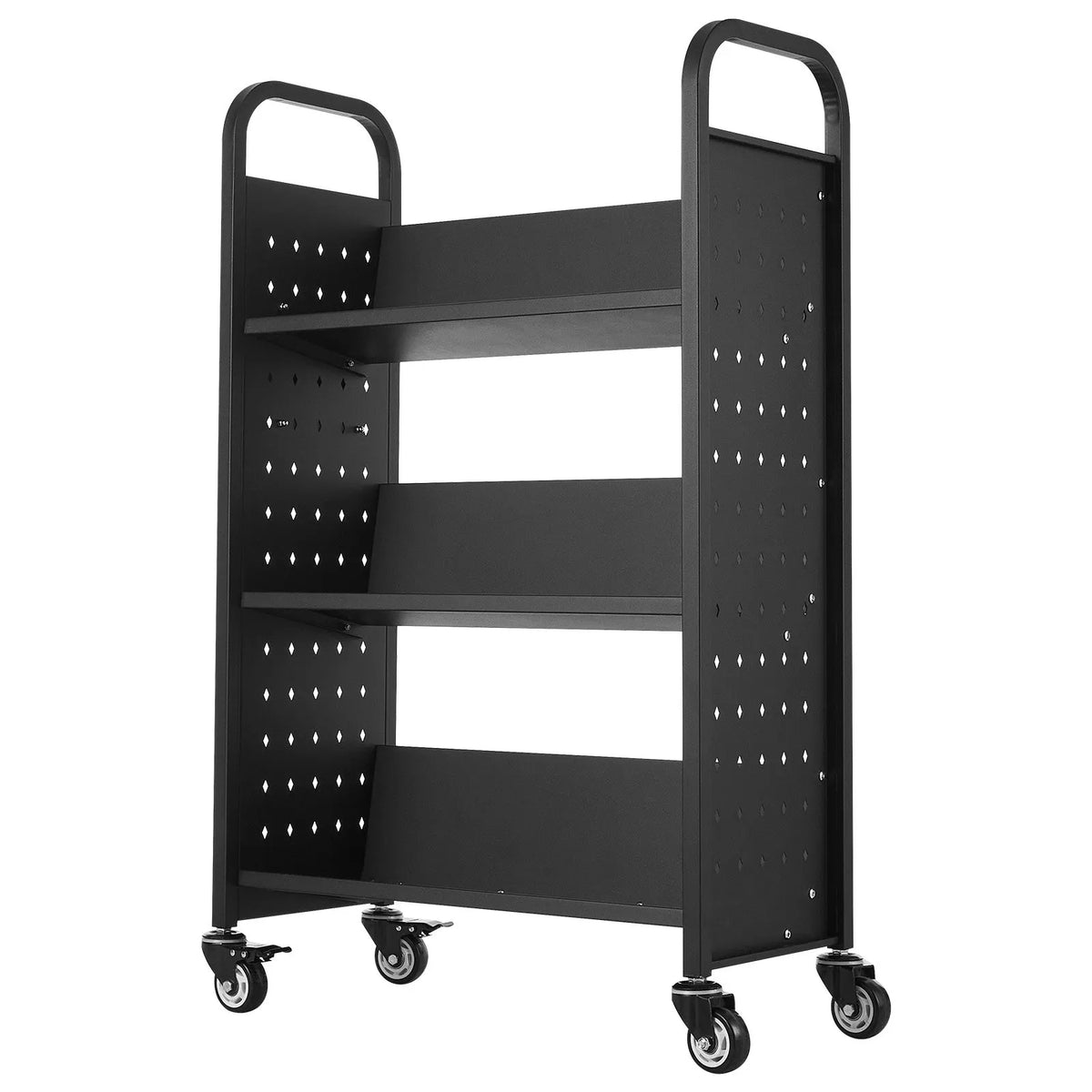 Mobile Library Book Trolley, 150 kg Load Capacity, 77 × 38 × 122 cm, with Single-Sided V-Shaped Shelves and 76.2 mm Lockable Wheels, Book Cart for Home, Office and School, Black