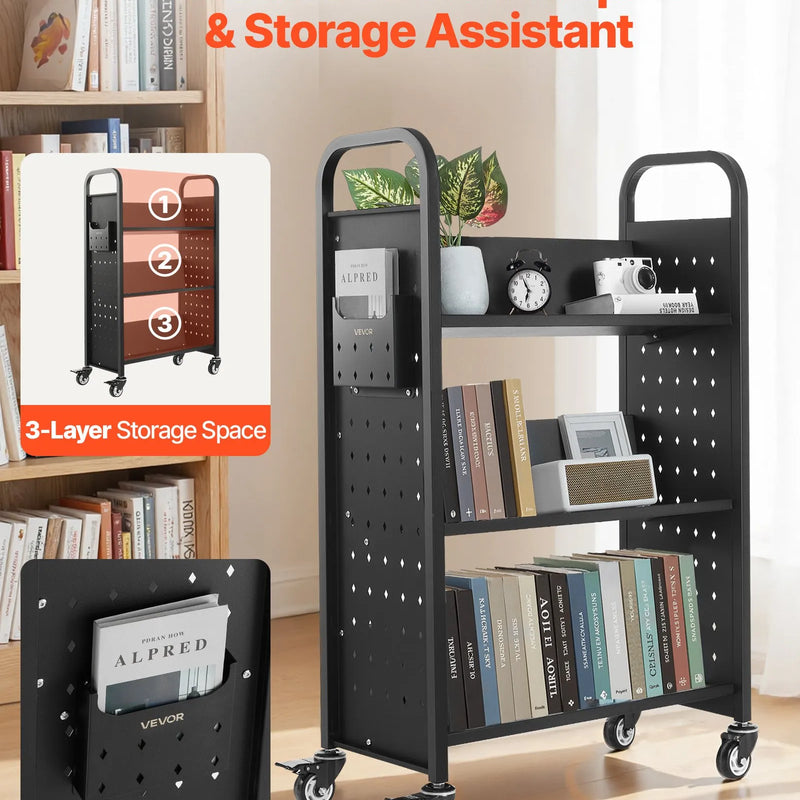 Ripojošs bibliotēkas grāmatu ratiņš, 150 kg kravnesība, 77 × 38 × 122 cm, ar vienpusējiem V veida plauktiem un 76,2 mm fiksējamiem riteņiem, grāmatu ratiņš mājai, birojam un skolai, melns