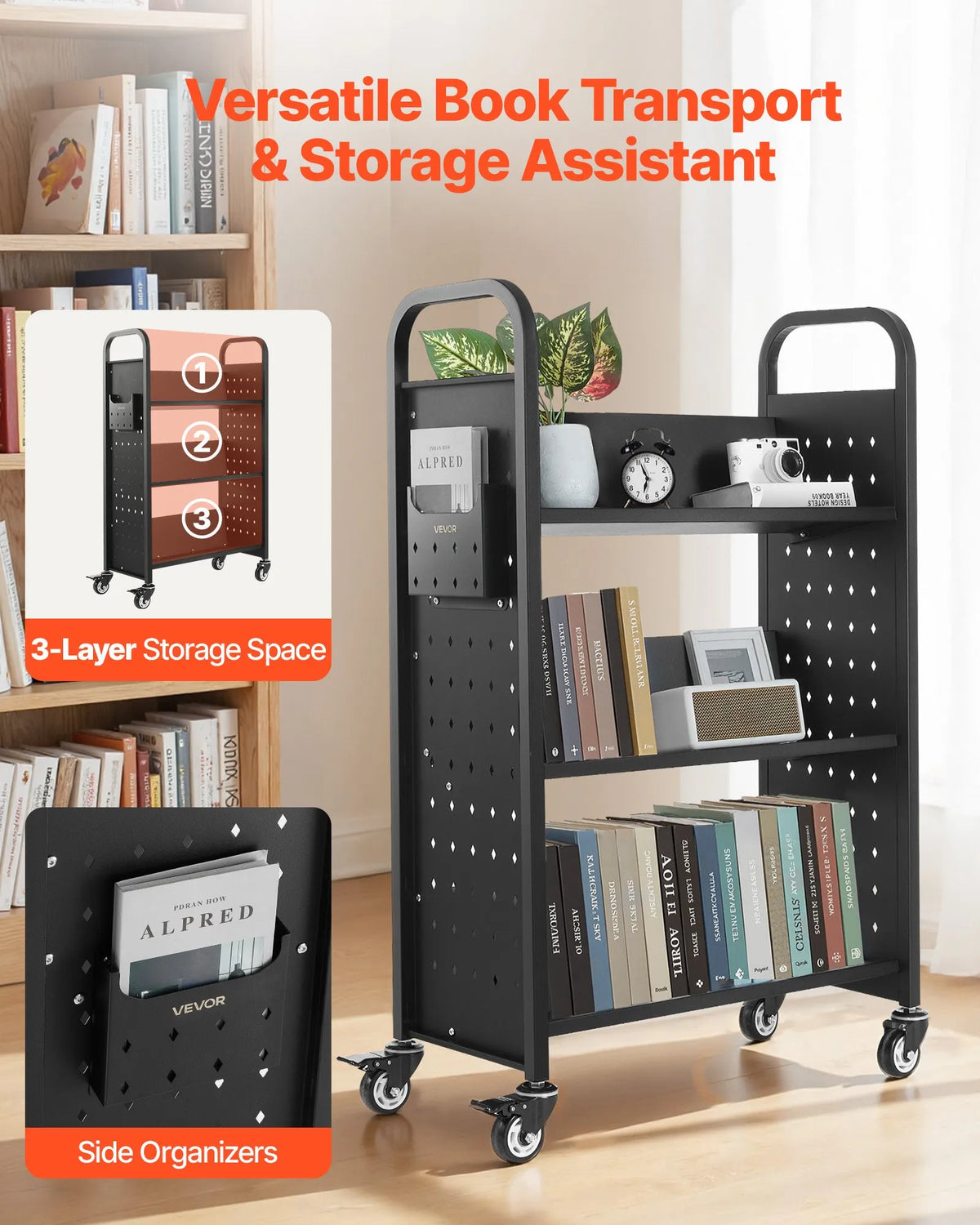 Mobile Library Book Trolley, 150 kg Load Capacity, 77 × 38 × 122 cm, with Single-Sided V-Shaped Shelves and 76.2 mm Lockable Wheels, Book Cart for Home, Office and School, Black