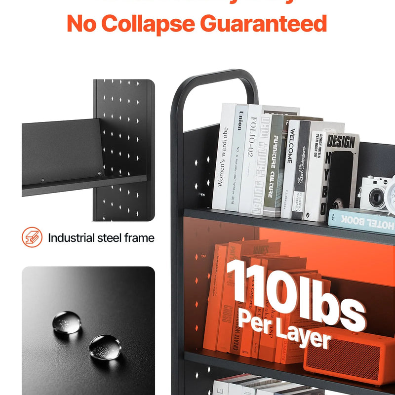 Ripojošs bibliotēkas grāmatu ratiņš, 150 kg kravnesība, 77 × 38 × 122 cm, ar vienpusējiem V veida plauktiem un 76,2 mm fiksējamiem riteņiem, grāmatu ratiņš mājai, birojam un skolai, melns