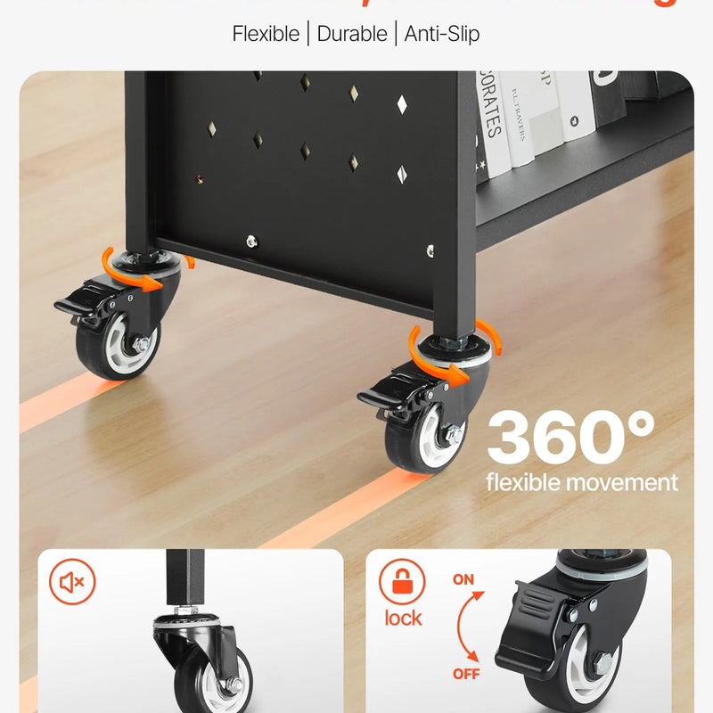 Ripojošs bibliotēkas grāmatu ratiņš, 150 kg kravnesība, 77 × 38 × 122 cm, ar vienpusējiem V veida plauktiem un 76,2 mm fiksējamiem riteņiem, grāmatu ratiņš mājai, birojam un skolai, melns