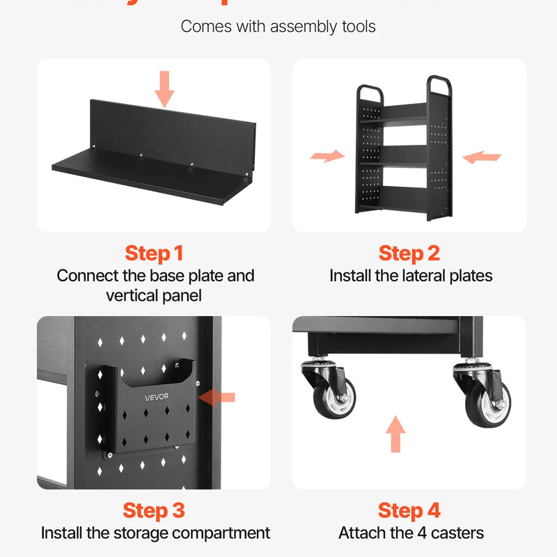 Ripojošs bibliotēkas grāmatu ratiņš, 150 kg kravnesība, 77 × 38 × 122 cm, ar vienpusējiem V veida plauktiem un 76,2 mm fiksējamiem riteņiem, grāmatu ratiņš mājai, birojam un skolai, melns