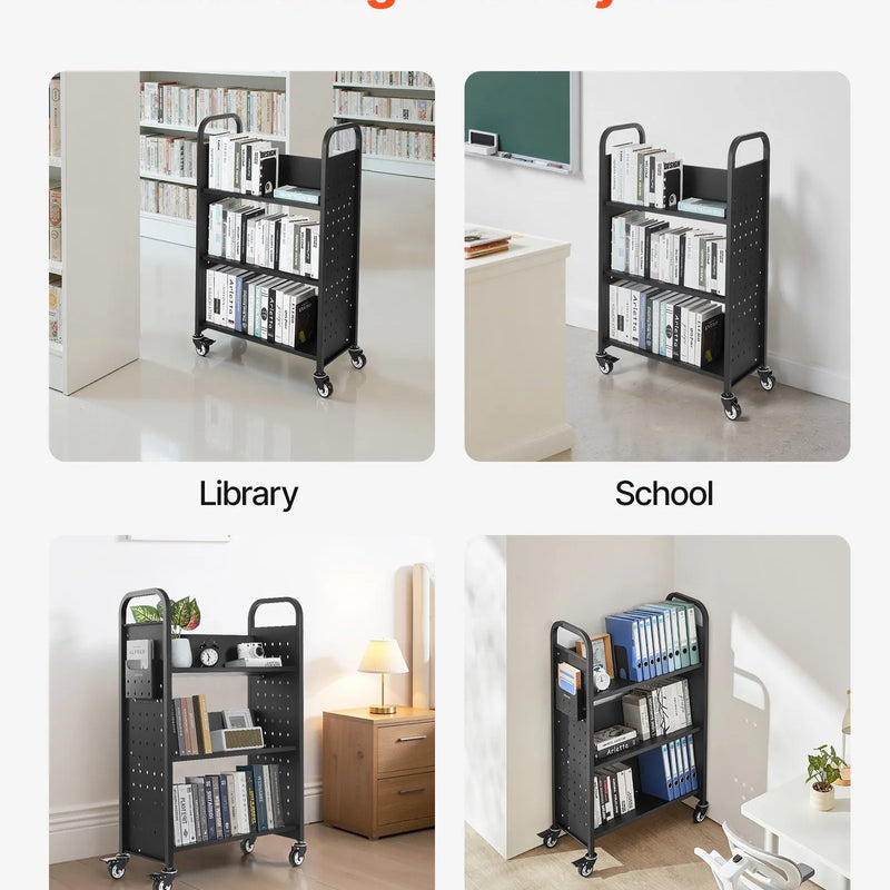 Ripojošs bibliotēkas grāmatu ratiņš, 150 kg kravnesība, 77 × 38 × 122 cm, ar vienpusējiem V veida plauktiem un 76,2 mm fiksējamiem riteņiem, grāmatu ratiņš mājai, birojam un skolai, melns