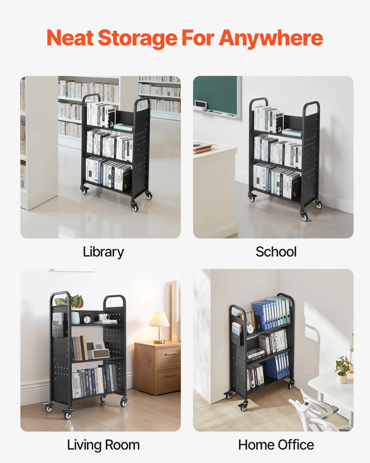 Mobile Library Book Trolley, 150 kg Load Capacity, 77 × 38 × 122 cm, with Single-Sided V-Shaped Shelves and 76.2 mm Lockable Wheels, Book Cart for Home, Office and School, Black