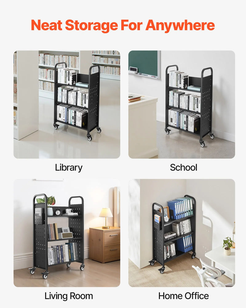 Ripojošs bibliotēkas grāmatu ratiņš, 150 kg kravnesība, 77 × 38 × 122 cm, ar vienpusējiem V veida plauktiem un 76,2 mm fiksējamiem riteņiem, grāmatu ratiņš mājai, birojam un skolai, melns