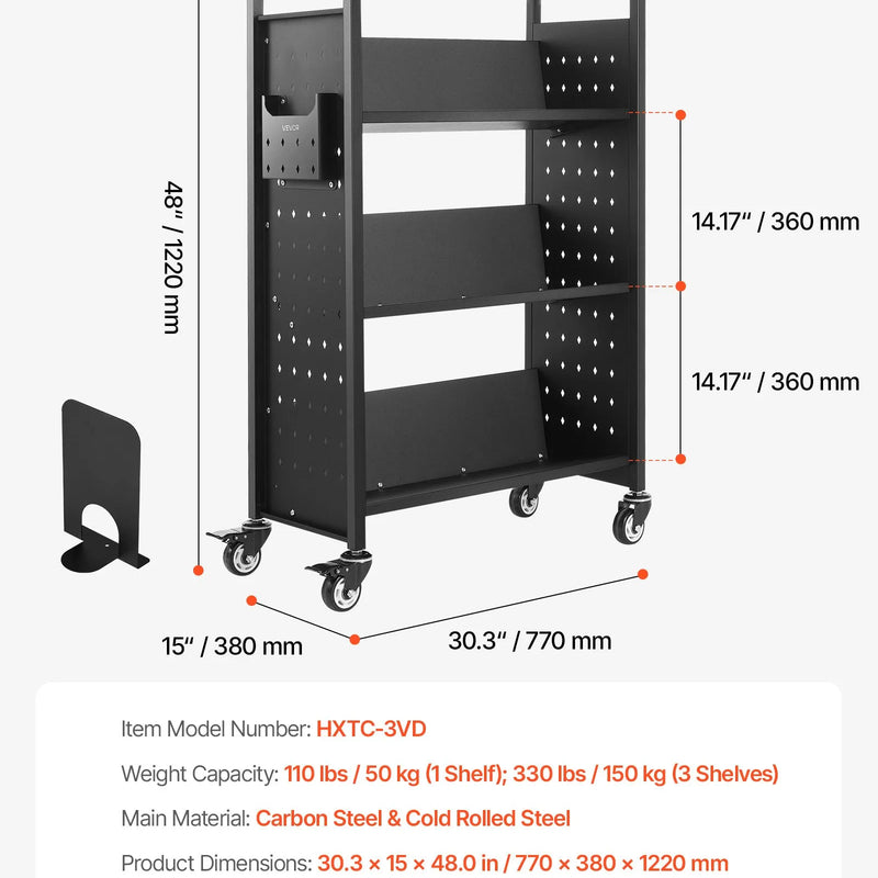 Ripojošs bibliotēkas grāmatu ratiņš, 150 kg kravnesība, 77 × 38 × 122 cm, ar vienpusējiem V veida plauktiem un 76,2 mm fiksējamiem riteņiem, grāmatu ratiņš mājai, birojam un skolai, melns