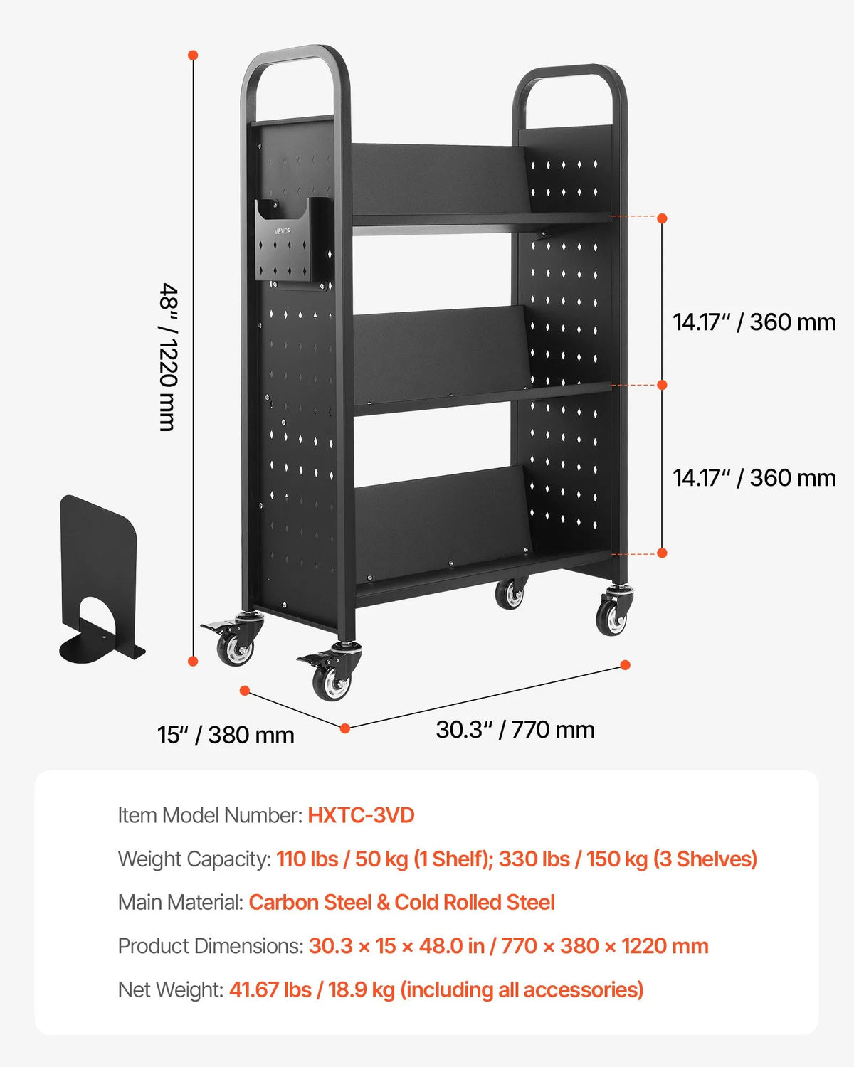 Mobile Library Book Trolley, 150 kg Load Capacity, 77 × 38 × 122 cm, with Single-Sided V-Shaped Shelves and 76.2 mm Lockable Wheels, Book Cart for Home, Office and School, Black
