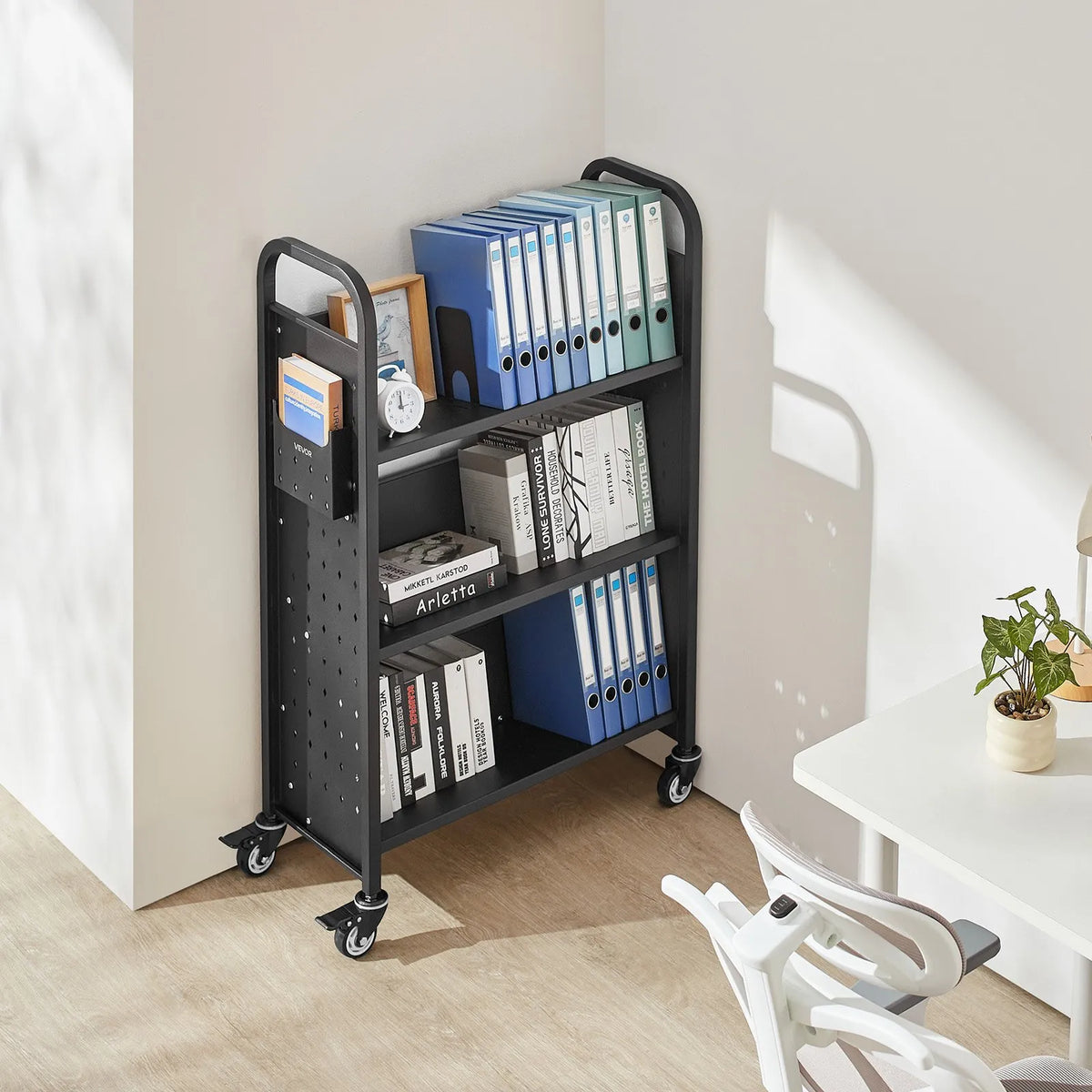 Mobile Library Book Trolley, 150 kg Load Capacity, 77 × 38 × 122 cm, with Single-Sided V-Shaped Shelves and 76.2 mm Lockable Wheels, Book Cart for Home, Office and School, Black