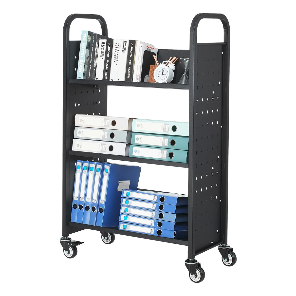 Mobile Library Book Trolley, 150 kg Load Capacity, 77 × 38 × 122 cm, with Single-Sided V-Shaped Shelves and 76.2 mm Lockable Wheels, Book Cart for Home, Office and School, Black