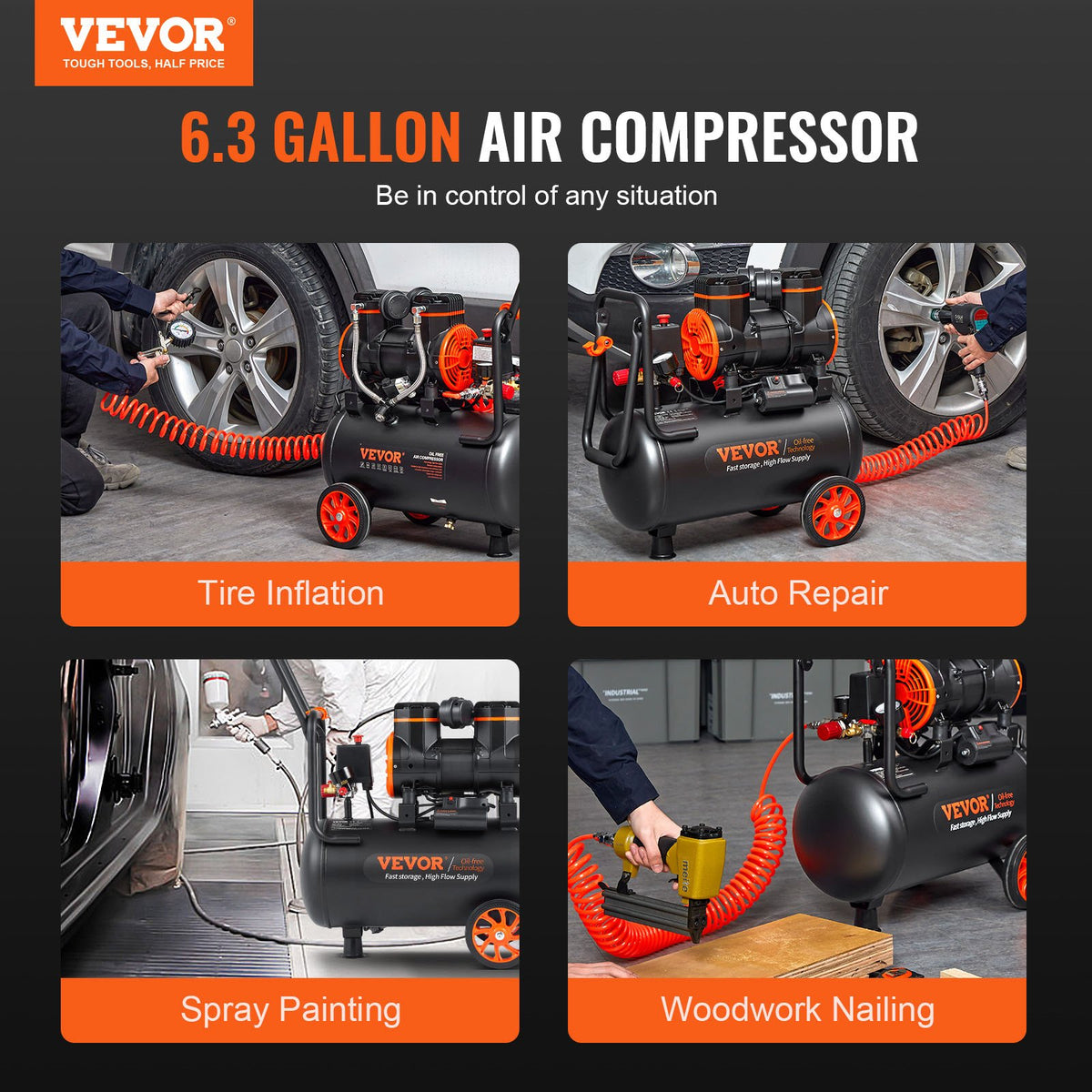 VEVOR gaisa kompresors 24 L, 1450 W, 3,35 CFM @ 90 PSI, maksimālais spiediens 116 PSI (8 bar)