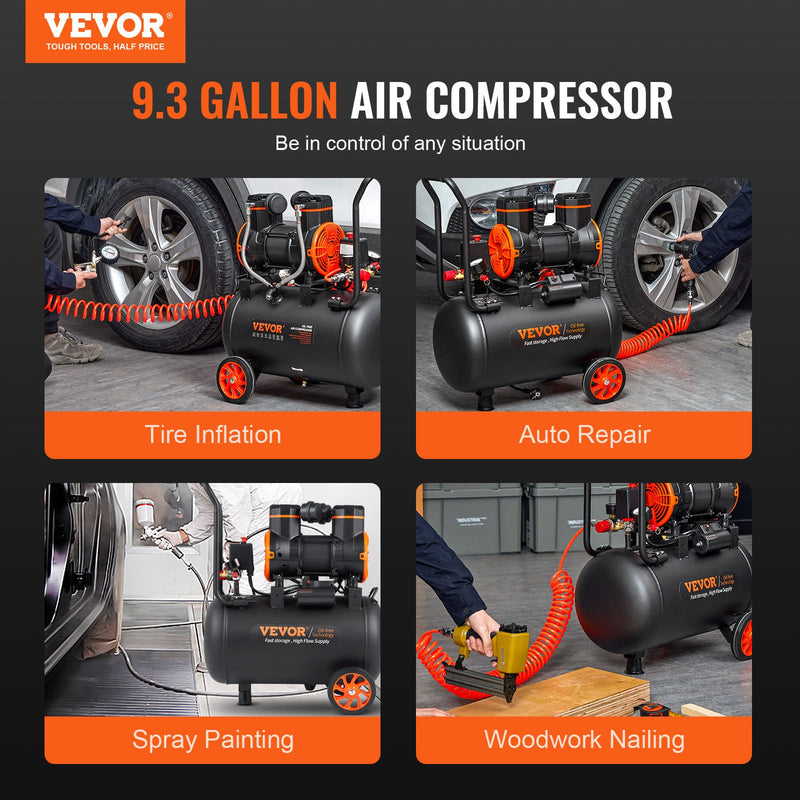 VEVOR gaisa kompresors 35 l, 1800 W, 5,12 CFM @ 6,2 bar, 70 dB, īpaši kluss, bez eļļas