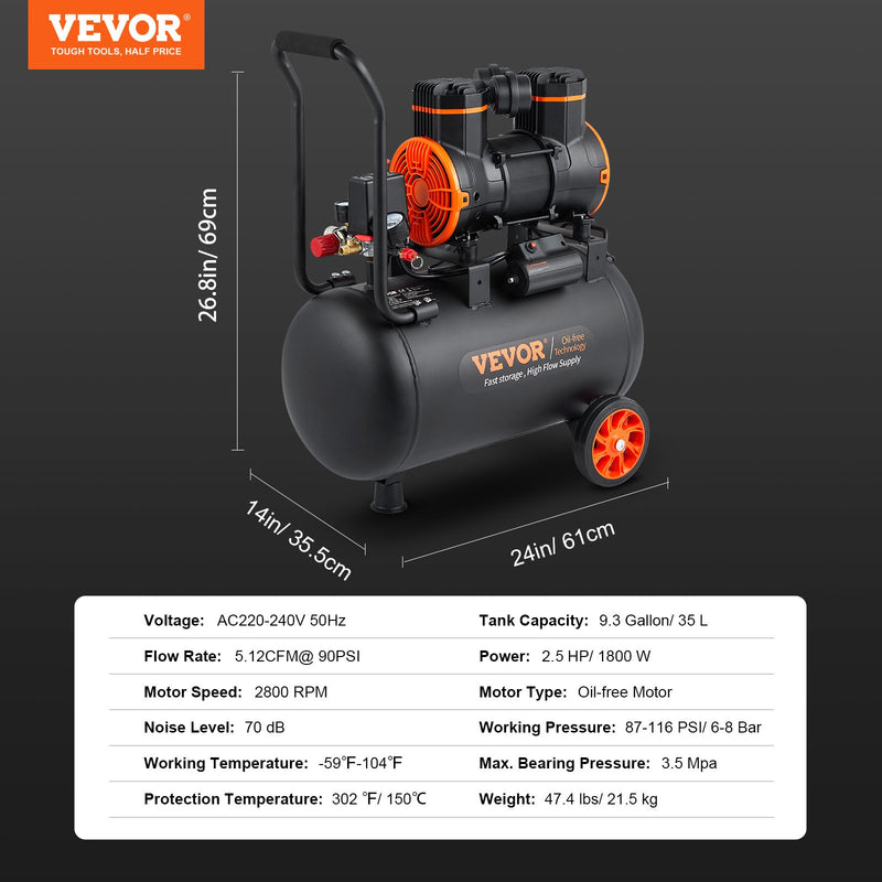 VEVOR gaisa kompresors 35 l, 1800 W, 5,12 CFM @ 6,2 bar, 70 dB, īpaši kluss, bez eļļas