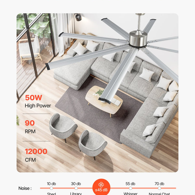 VEVOR 213 cm alumīnija griestu ventilators bez apgaismojuma, tālvadības pults, matēta niša