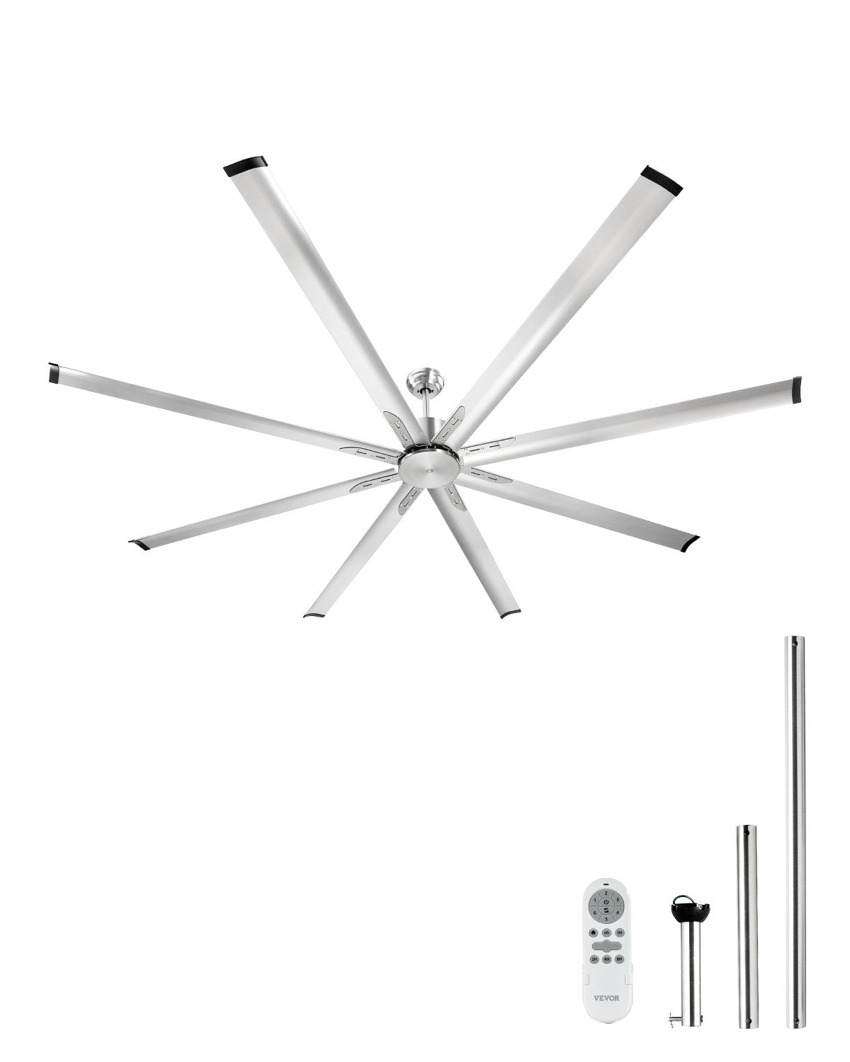 VEVOR 244 cm alumīnija griestu ventilators bez apgaismojuma, ar tālvadības pulti, matēti niķeļa krāsā
