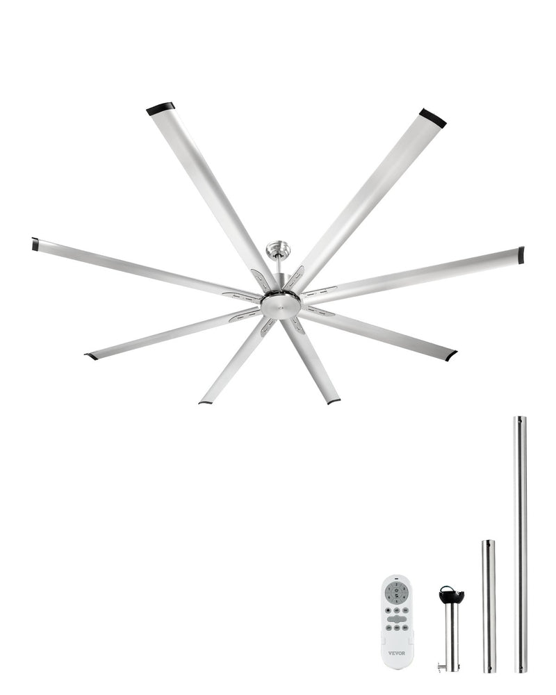 VEVOR 244 cm alumīnija griestu ventilators bez apgaismojuma, ar tālvadības pulti, matēti niķeļa krāsā