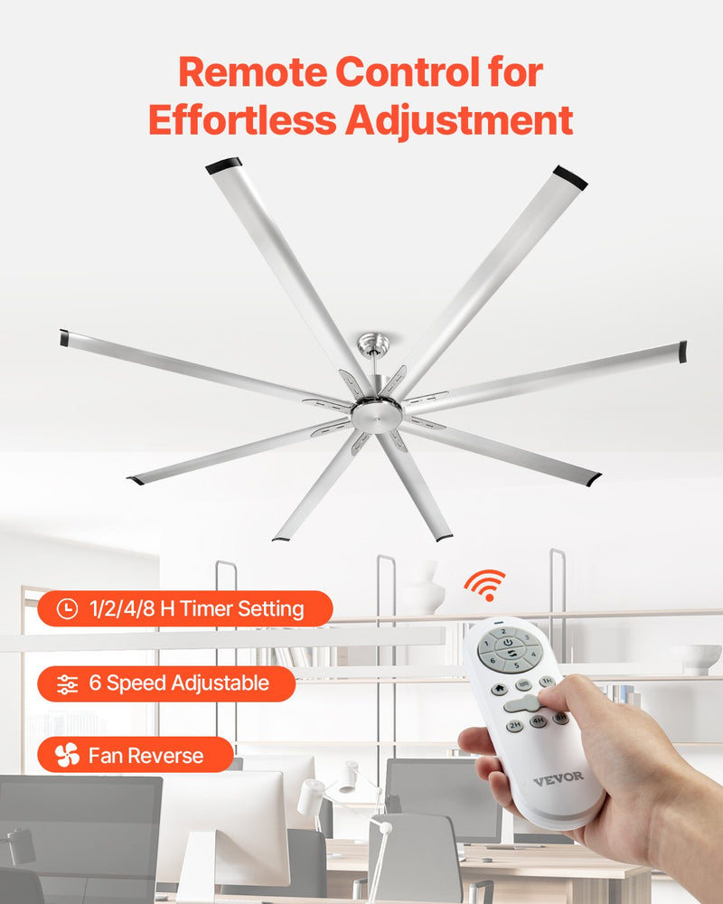 VEVOR 244 cm alumīnija griestu ventilators bez apgaismojuma, ar tālvadības pulti, matēti niķeļa krāsā