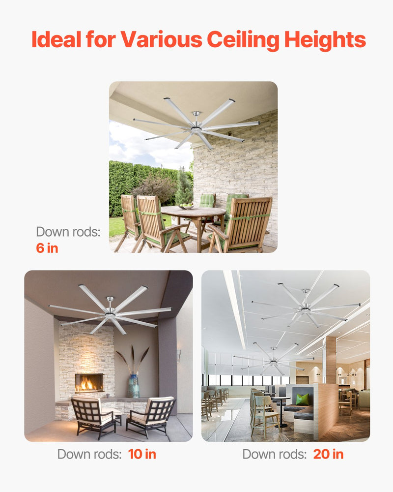 VEVOR 244 cm alumīnija griestu ventilators bez apgaismojuma, ar tālvadības pulti, matēti niķeļa krāsā