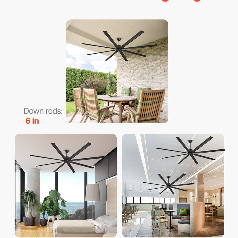 VEVOR 244 cm alumīnija griestu ventilators bez apgaismojuma, tālvadība, līdzstrāvas motors, melns