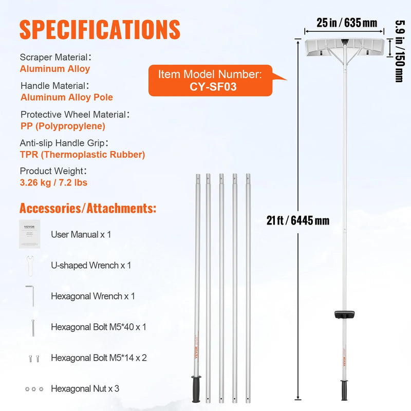 Sniega jumta lāpsta, 63,5 cm asmens, 640 cm alumīnija kāts ar rullīšiem jumta aizsardzībai, neslīdošs rokturis, viegli saliekama un lietojama jumta, automašīnas sniega un slapjo lapu tīrīšanai