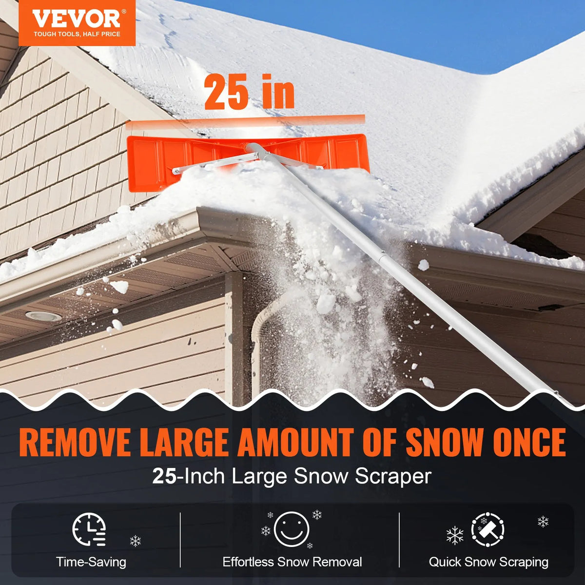 Snow Roof Shovel, 63.5 cm Plastic Blade, 640 cm Aluminium Handle, Non-Slip Grip, Easy to Fold and Use for Roof, Car Snow and Wet Leaf Cleaning