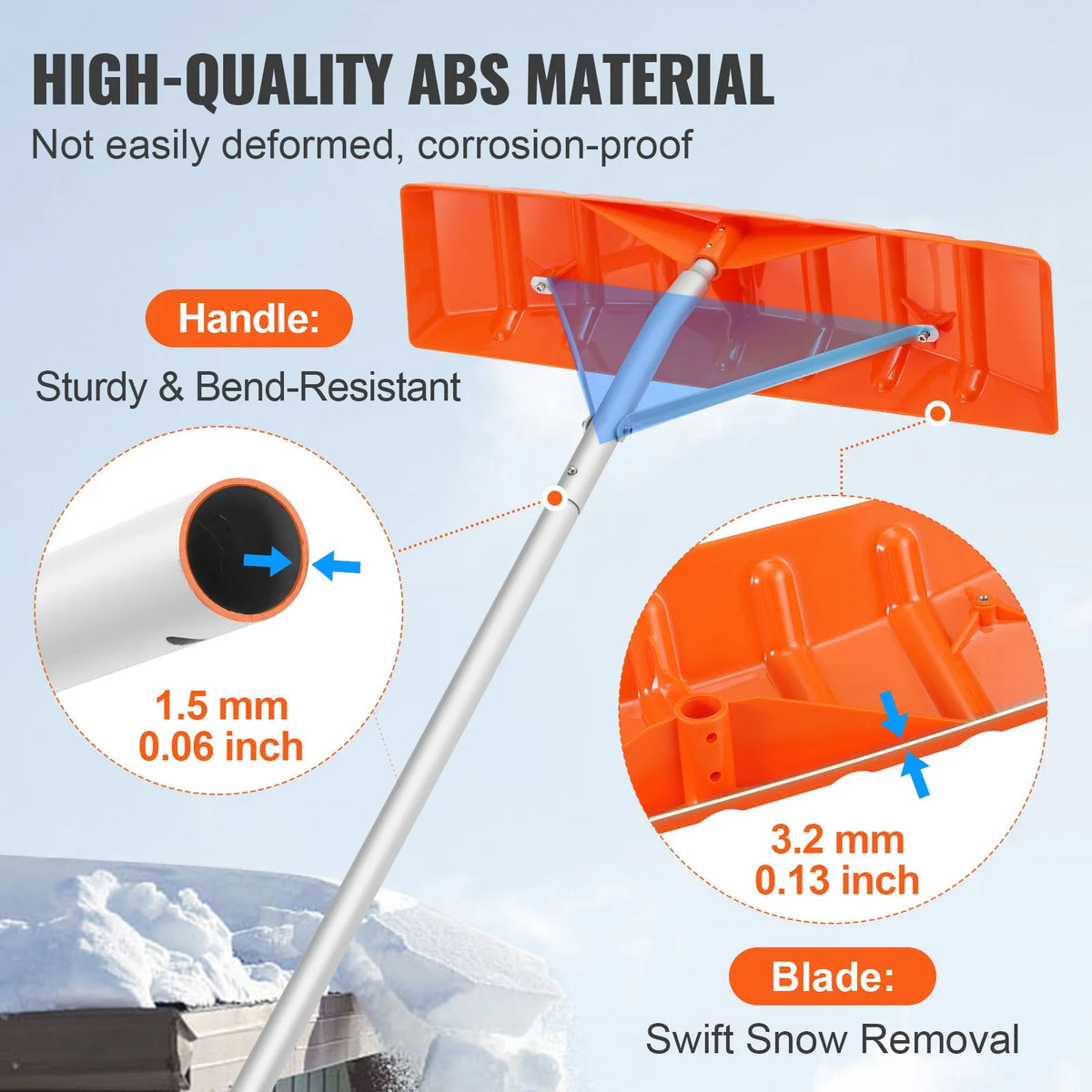 Snow Roof Shovel, 63.5 cm Plastic Blade, 640 cm Aluminium Handle, Non-Slip Grip, Easy to Fold and Use for Roof, Car Snow and Wet Leaf Cleaning