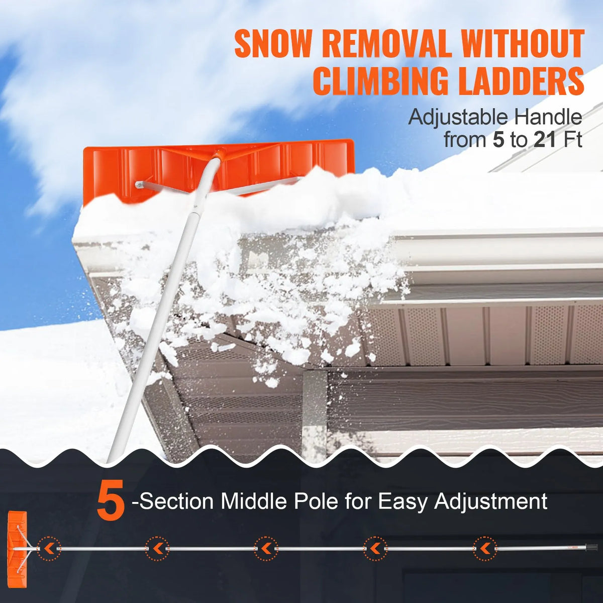Snow Roof Shovel, 63.5 cm Plastic Blade, 640 cm Aluminium Handle, Non-Slip Grip, Easy to Fold and Use for Roof, Car Snow and Wet Leaf Cleaning
