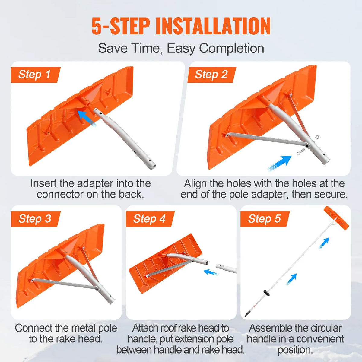 Snow Roof Shovel, 63.5 cm Plastic Blade, 640 cm Aluminium Handle, Non-Slip Grip, Easy to Fold and Use for Roof, Car Snow and Wet Leaf Cleaning