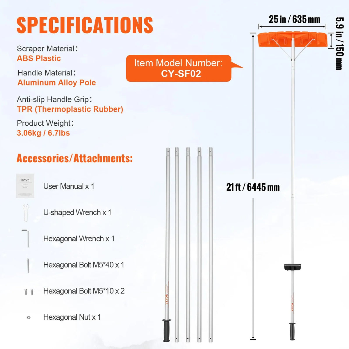 Snow Roof Shovel, 63.5 cm Plastic Blade, 640 cm Aluminium Handle, Non-Slip Grip, Easy to Fold and Use for Roof, Car Snow and Wet Leaf Cleaning