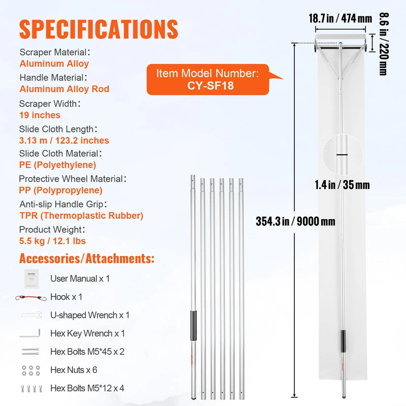 Sniega jumta lāpsta, 914 cm alumīnija kāts ar slīdragu, 48,3 cm premium asmens, droša jumtam ar rullīšiem, neslīdošs rokturis, piemērota mājas jumtiem, automašīnu sniegam un slapjām lapām