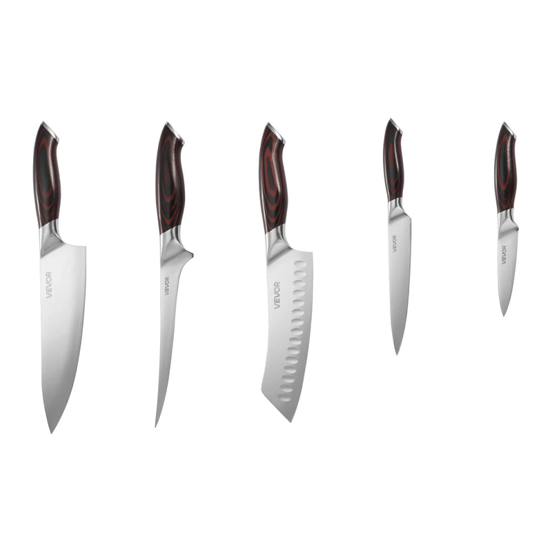 VEVOR virtuves nažu komplekts, 5 daļas, augsta oglekļa nerūsējošā tērauda asi naži, izturīgi un noturīgi pret rūsu, profesionāli virtuves naži ar ergonomisku, pret plaisāšanu izturīgu rokturi precīzai griešanai