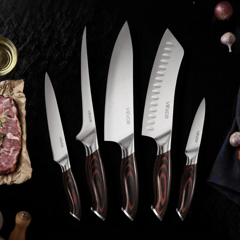 VEVOR virtuves nažu komplekts, 5 daļas, augsta oglekļa nerūsējošā tērauda asi naži, izturīgi un noturīgi pret rūsu, profesionāli virtuves naži ar ergonomisku, pret plaisāšanu izturīgu rokturi precīzai griešanai