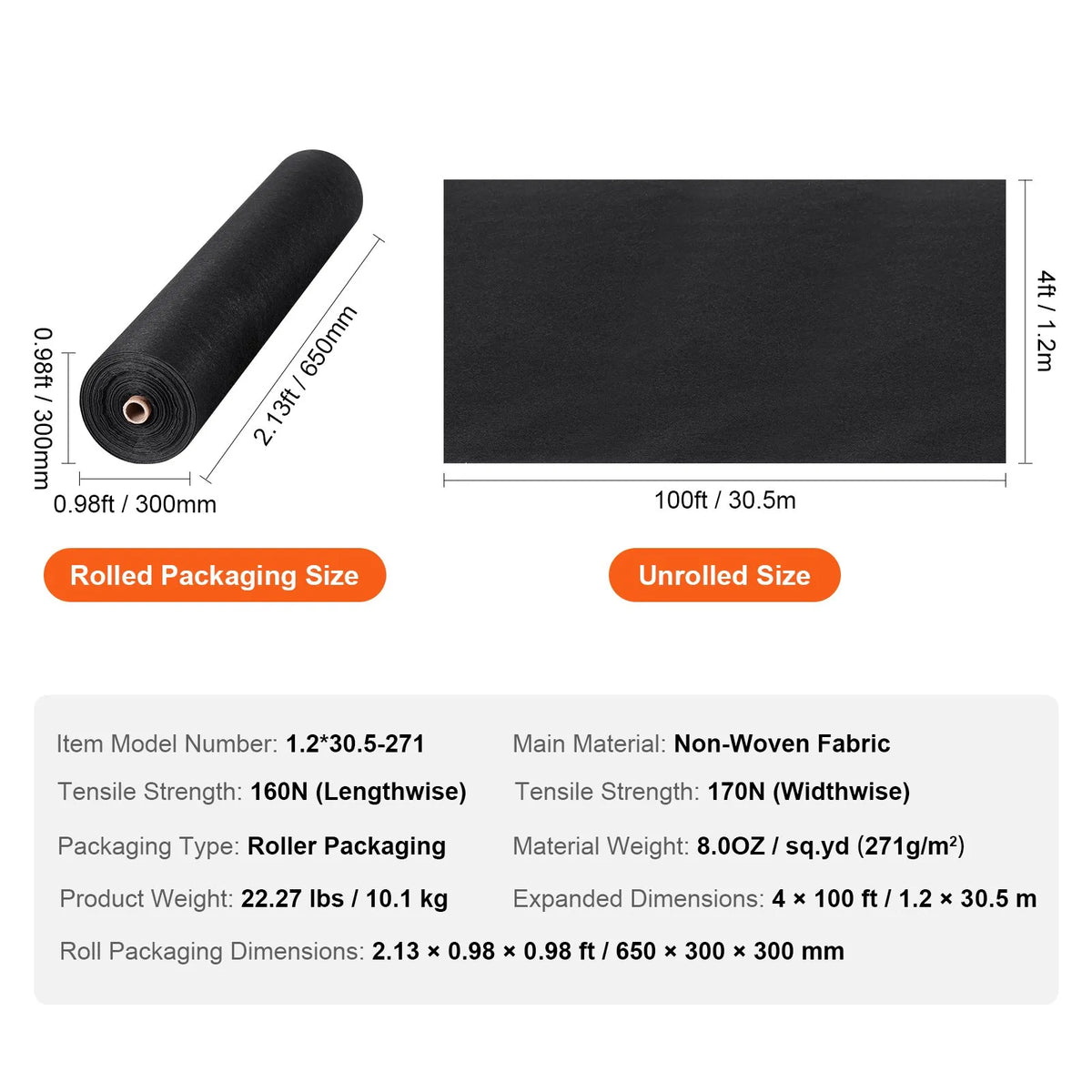 VEVOR neausts ģeotekstila audums zem grants 1,2 x 30,5 m, 226,8 g/m² piebraucamā ceļa un ainavu audums, izturīga nezāļu barjeras plēve, augsnes seguma audums nezāļu kontrolei un franču drenām, melns - ZEMLETES.LV