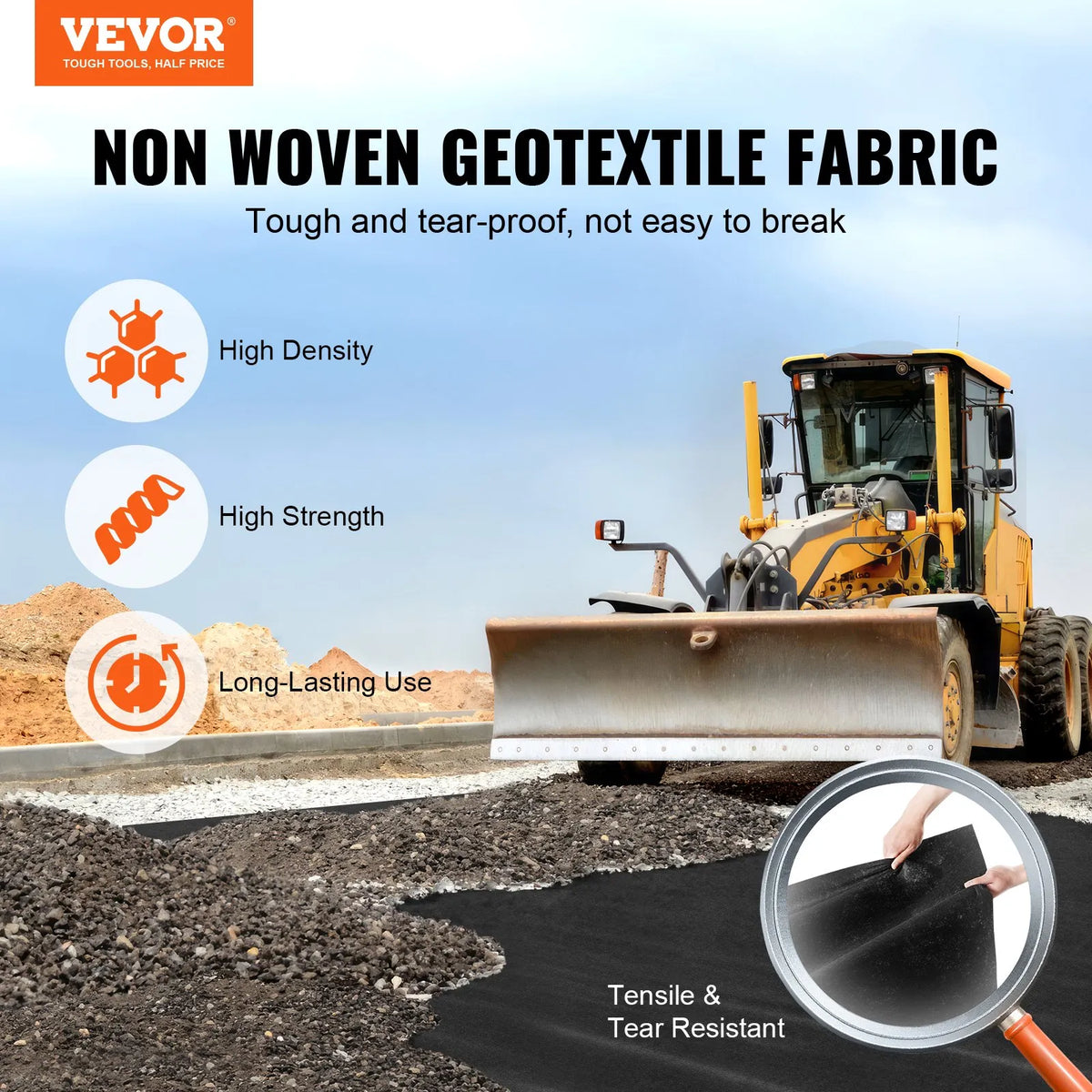 VEVOR Neausts ģeotekstils zem grants 1,83 x 15,24 m, 271 g/m² piebraucamā ceļa un ainavu audums, pastiprināts nezāļu ierobežošanas segums, drenāžas audums franču drenām, melns - ZEMLETES.LV