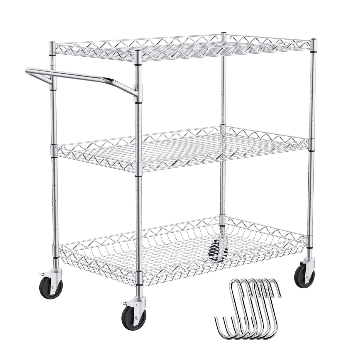 VEVOR Kitchen Trolley with 3 Shelves, 300 kg Capacity, Steel, 80 mm Deep Baskets and 6 Hooks